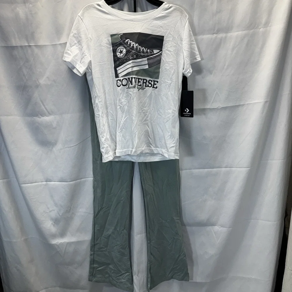 Converse Girls‎ 2 Pc, Size Large, Green Are Leggings  White S/S Shirt NWT